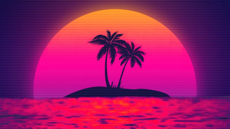 Vaporwave Island Paradise at Pink Sunset wallpaper 4K