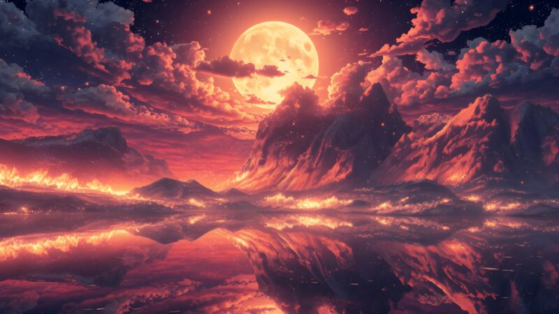Volcanic Moon Rises Over Burning Horizon wallpaper 4K