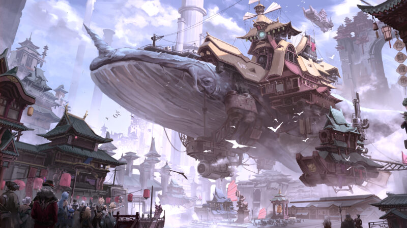 Whale Airship Steampunk Chinese City Desktop Wallpaper 4K wallpaper 4K