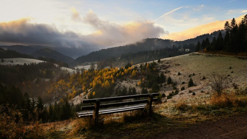 Wooden Bench Valley Overlook Autumn Dusk Desktop Wallpaper 4K wallpaper 4K