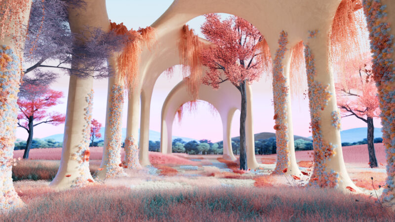Arched Trees Pink Field Desktop | Dreamy Pastel Path wallpaper 4K