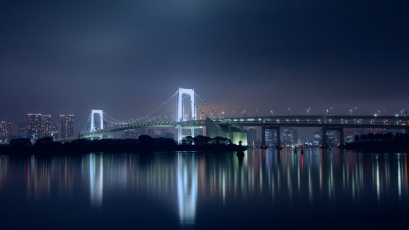 Rainbow Bridge Cityscape | Night Reflections Desktop wallpaper 4K
