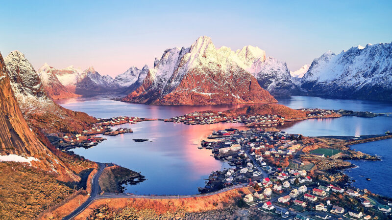 Reine Fjord Mountain | Norway Coastal Village Desktop wallpaper 4K